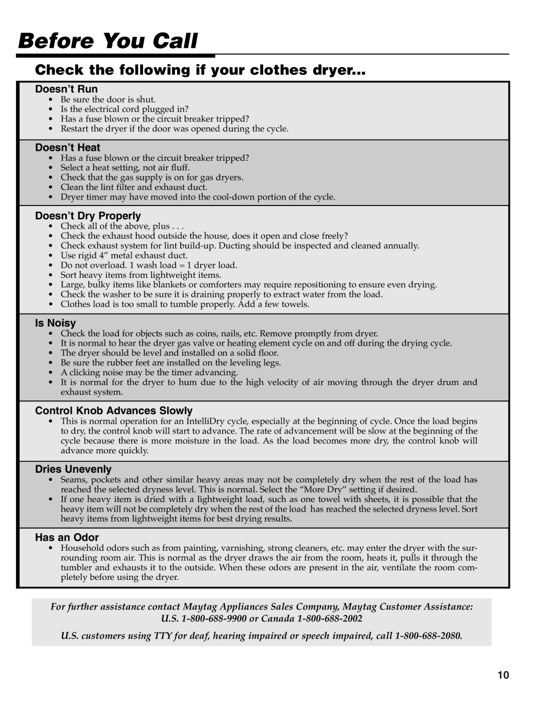 Maytag MD-33 operating instructions Before You Call, Check the following if your clothes dryer 