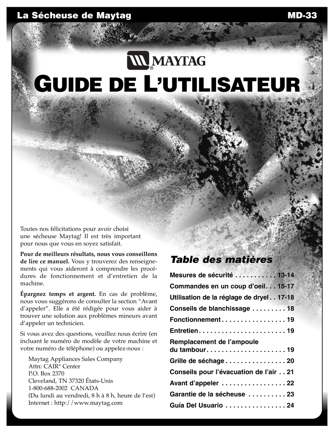 Maytag MD-33 operating instructions Guide DE L’UTILISATEUR 