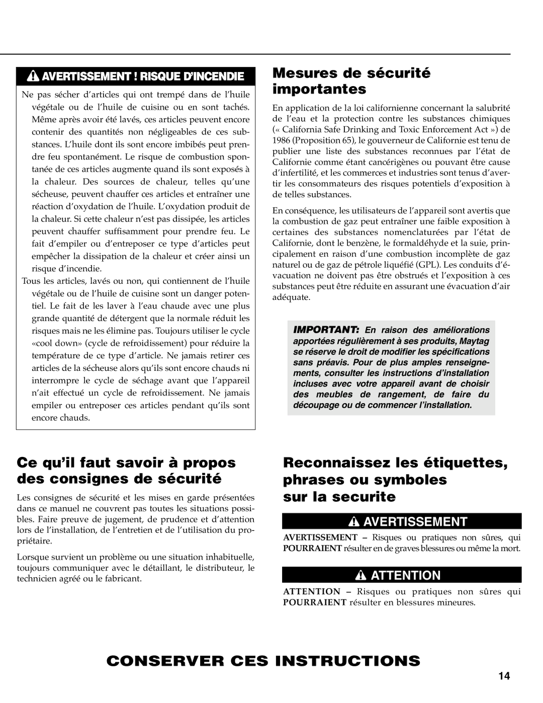 Maytag MD-33 Mesures de sécurité importantes, Ce qu’il faut savoir à propos des consignes de sécurité 