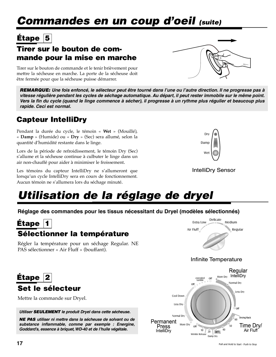 Maytag MD-33 Commandes en un coup d’oeil suite, Utilisation de la réglage de dryel, Capteur IntelliDry 