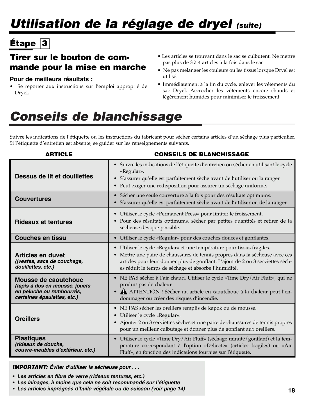 Maytag MD-33 operating instructions Utilisation de la réglage de dryel suite, Conseils de blanchissage 