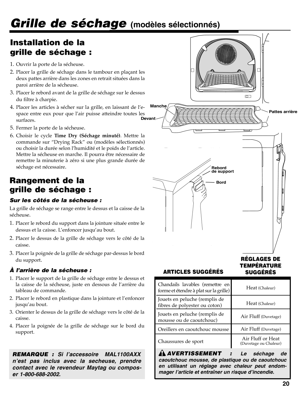 Maytag MD-33 operating instructions Rangement de la grille de séchage, Réglages DE Température, Suggérés 