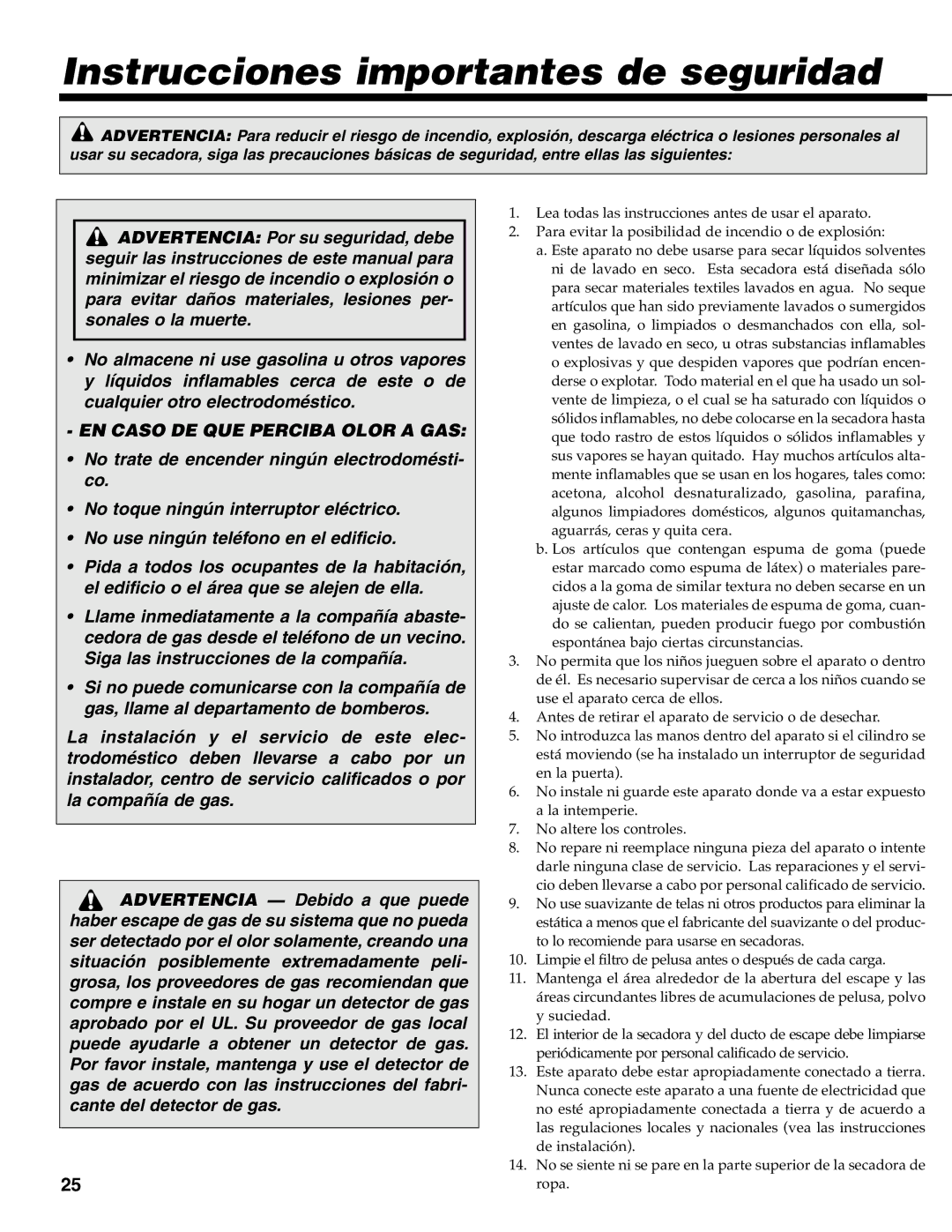 Maytag MD-33 operating instructions Instrucciones importantes de seguridad, EN Caso DE QUE Perciba Olor a GAS 