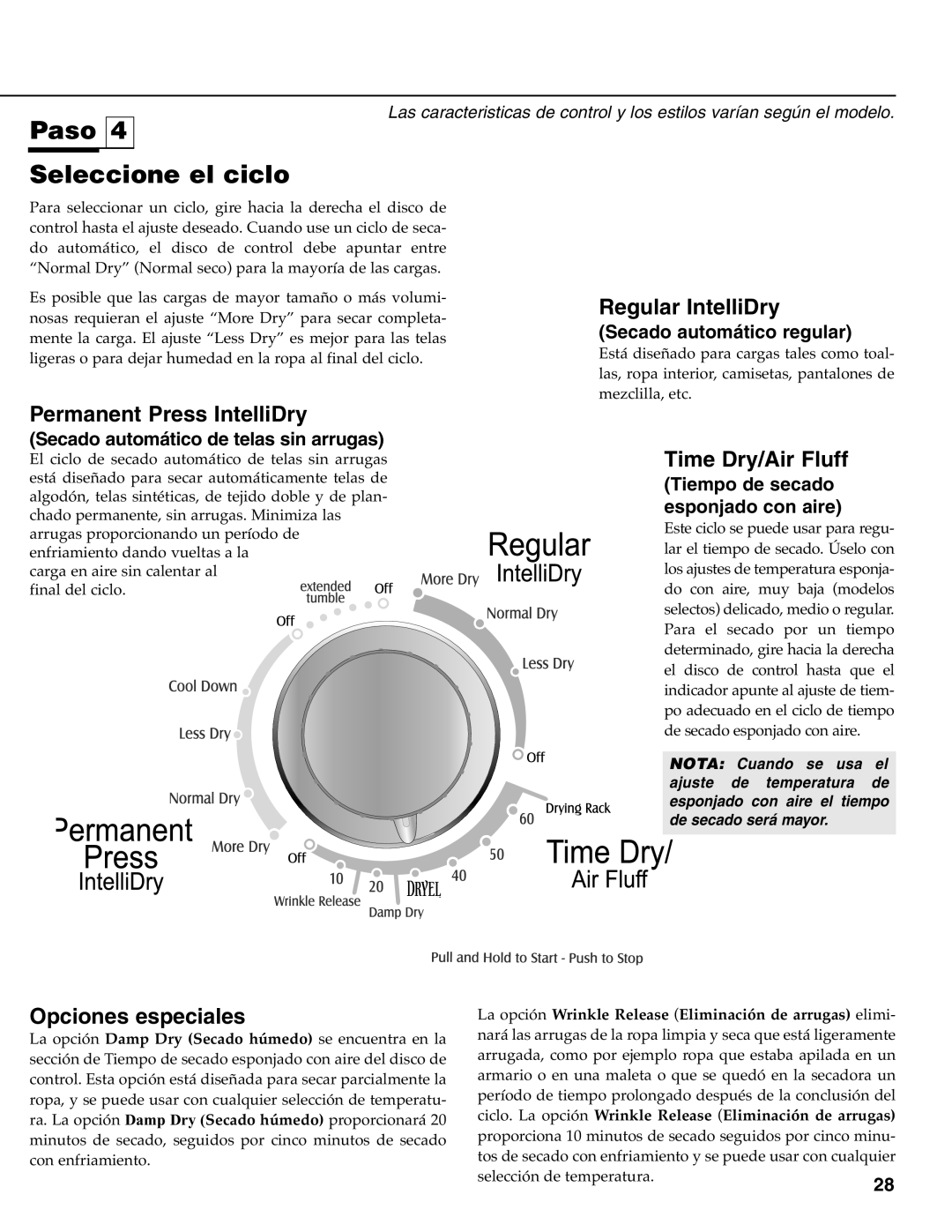 Maytag MD-33 Paso Seleccione el ciclo, Secado automático regular, Secado automático de telas sin arrugas 