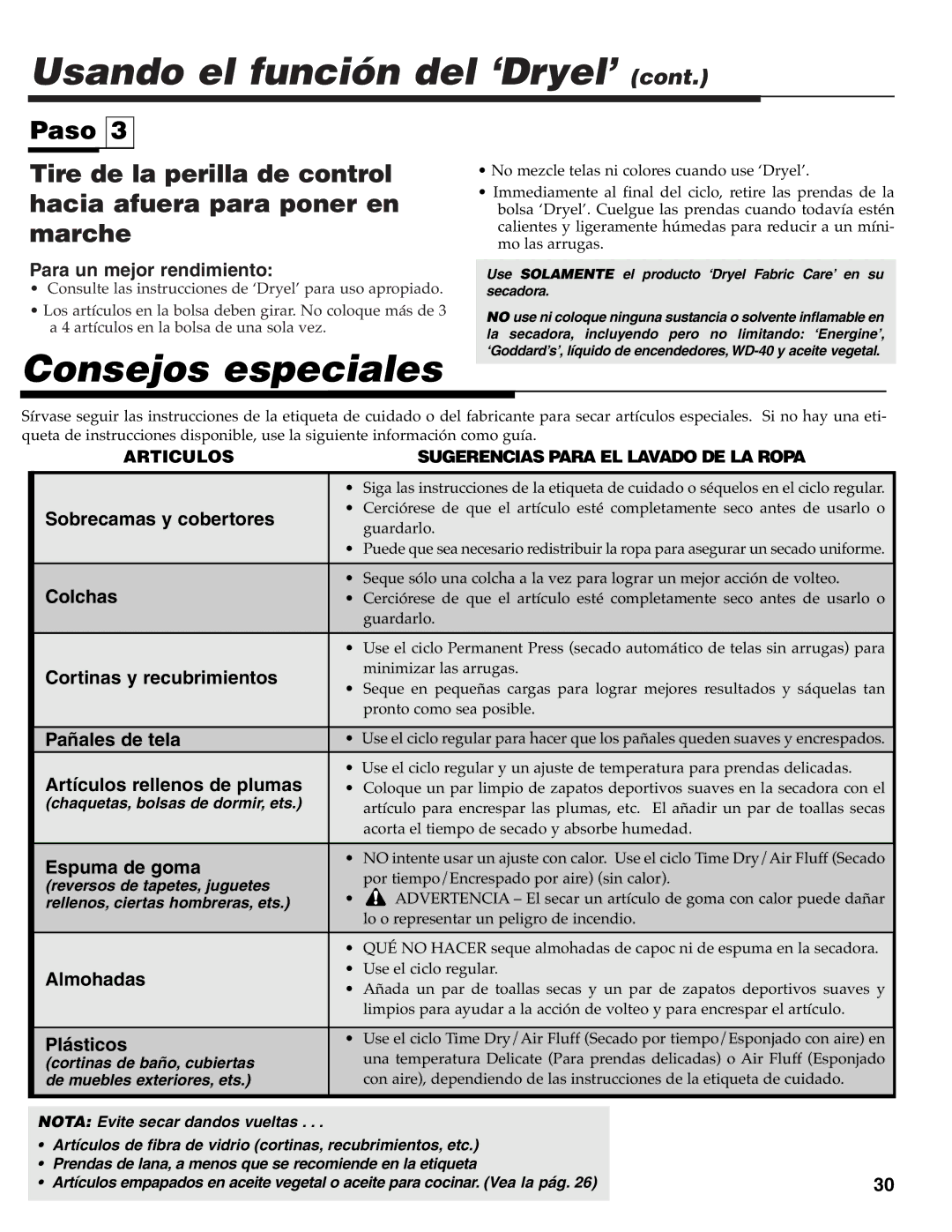 Maytag MD-33 operating instructions Consejos especiales 