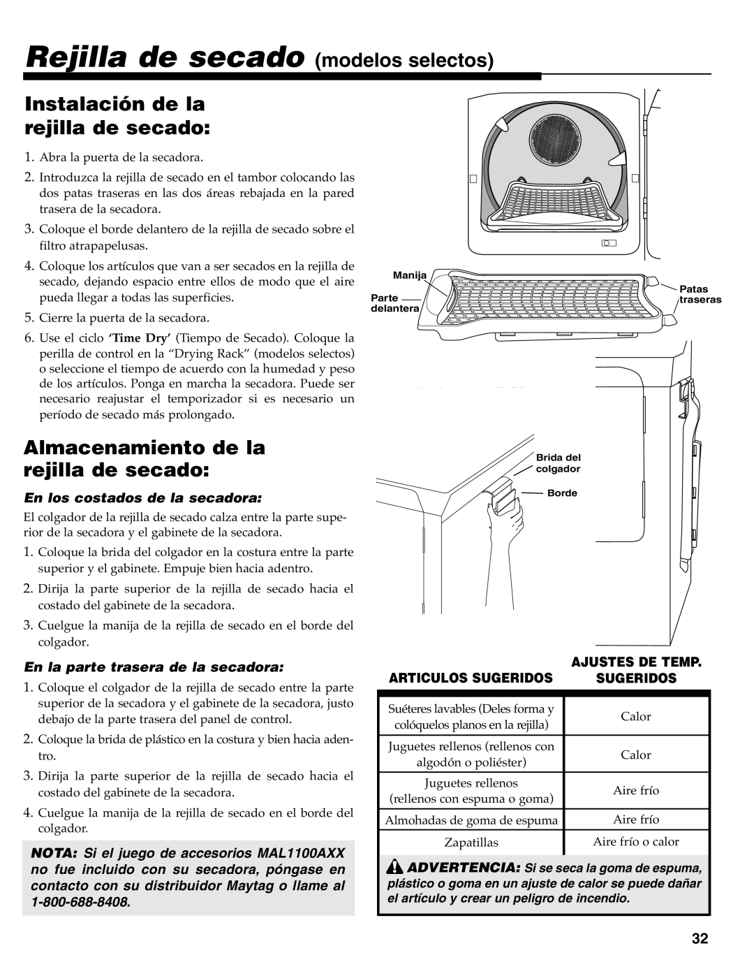 Maytag MD-33 operating instructions Rejilla de secado modelos selectos, Instalación de la rejilla de secado 