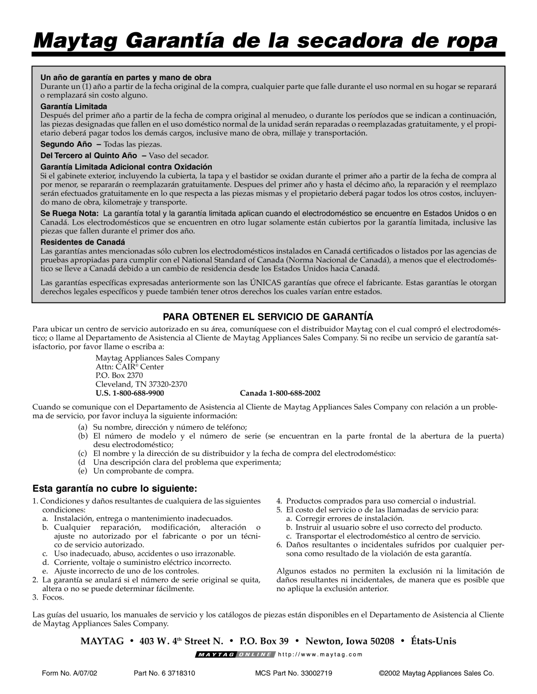 Maytag MD-33 operating instructions Maytag Garantía de la secadora de ropa, Para Obtener EL Servicio DE Garantía 