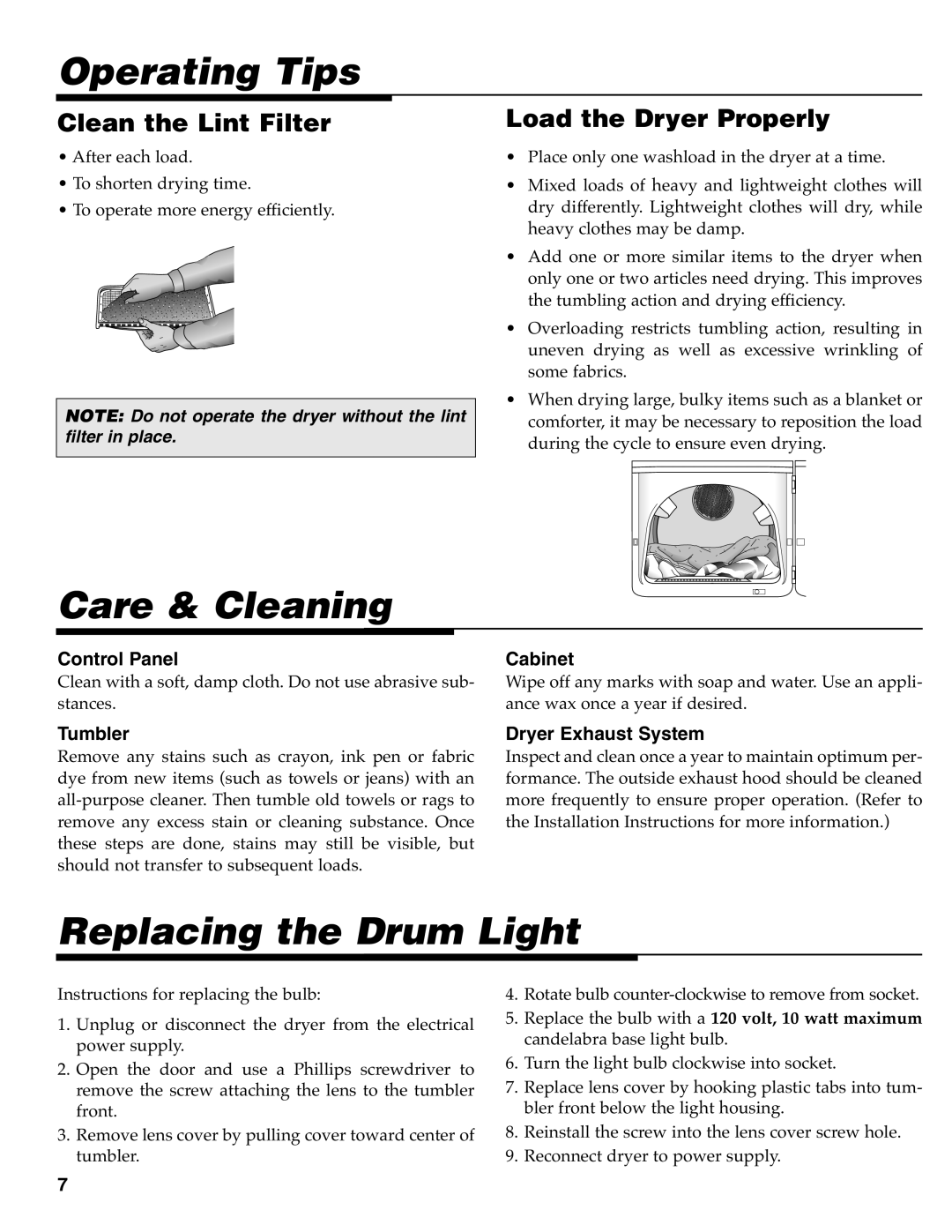 Maytag MD-33 Operating Tips, Care & Cleaning, Replacing the Drum Light, Clean the Lint Filter, Load the Dryer Properly 