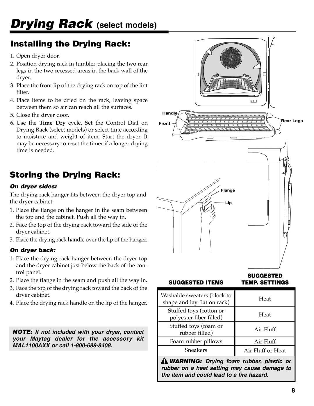 Maytag MD-33 operating instructions Drying Rack select models Installing the Drying Rack, Storing the Drying Rack 