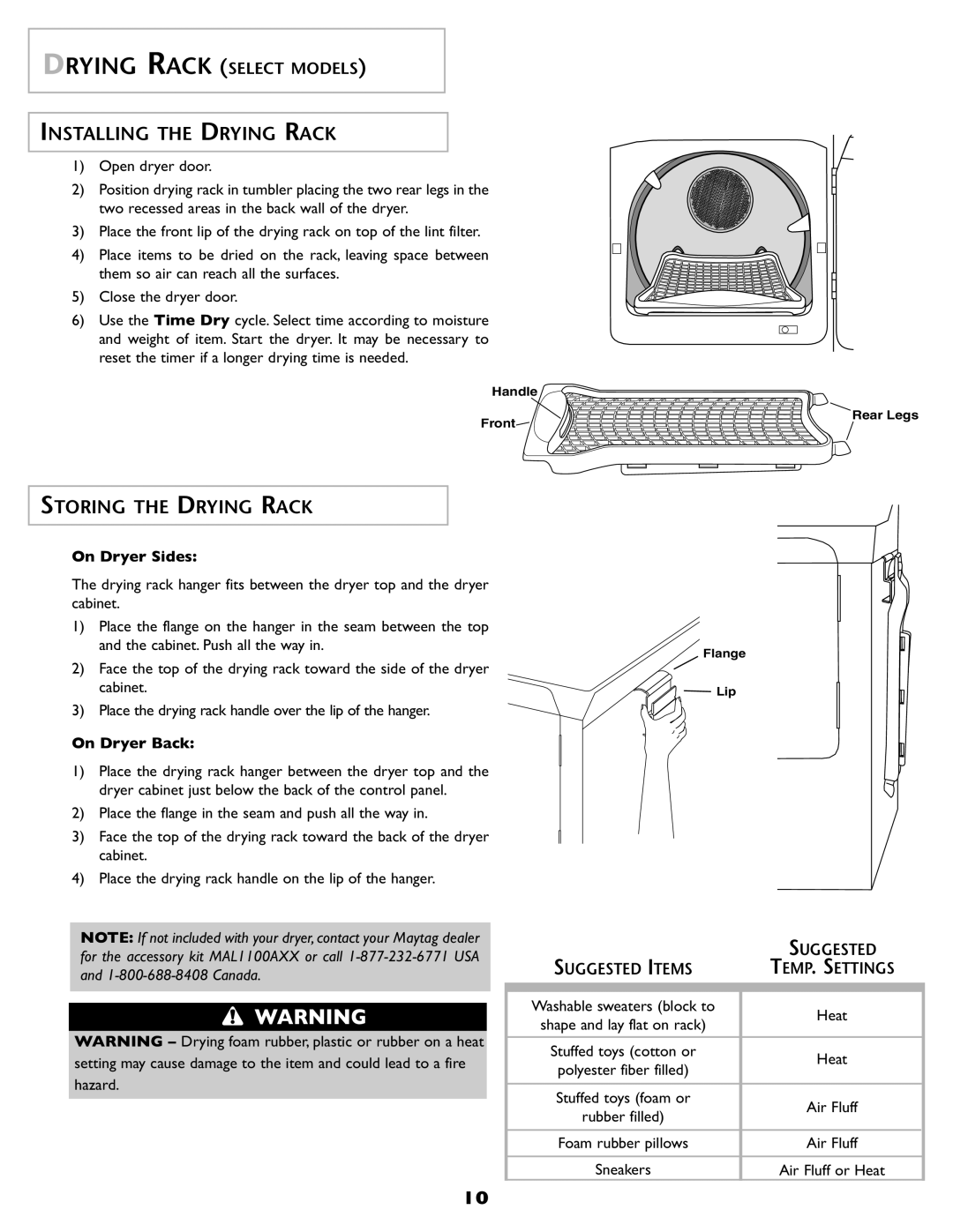 Maytag MD 55 warranty Installing the Drying Rack, Storing the Drying Rack, On Dryer Sides, On Dryer Back 