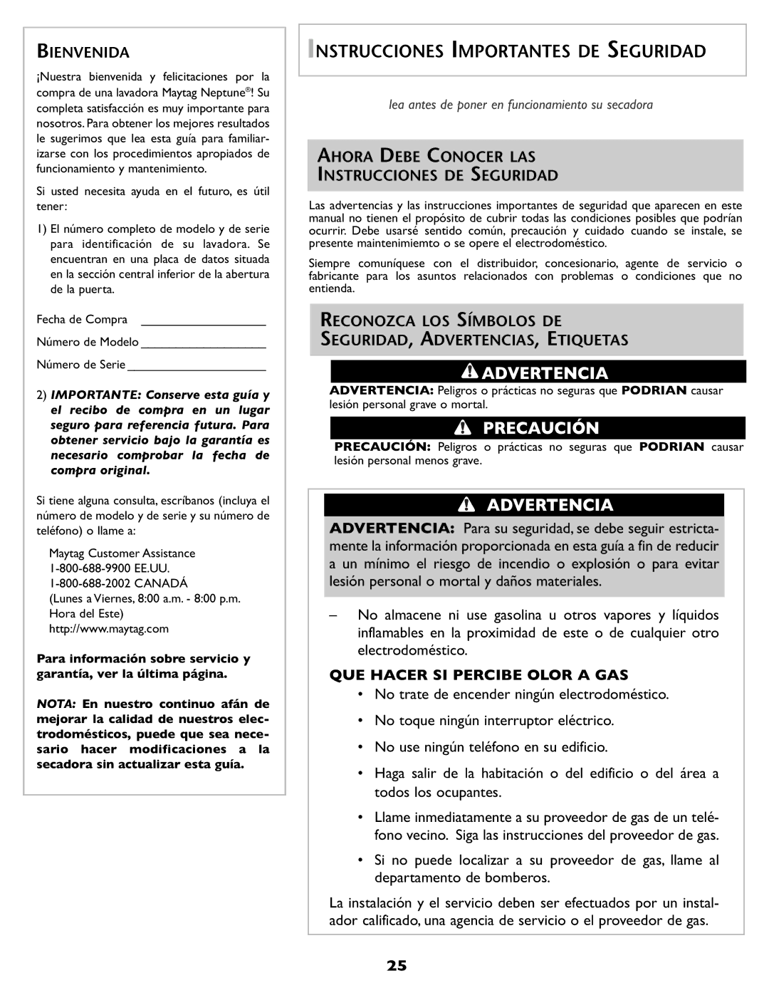 Maytag MD 55 Bienvenida, Ahora Debe Conocer LAS Instrucciones DE Seguridad, QUE Hacer SI Percibe Olor a GAS, Canadá 