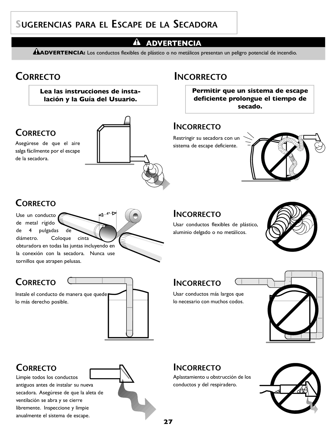 Maytag MD 55 warranty Sugerencias Para EL Escape DE LA Secadora, Correcto, Incorrecto 