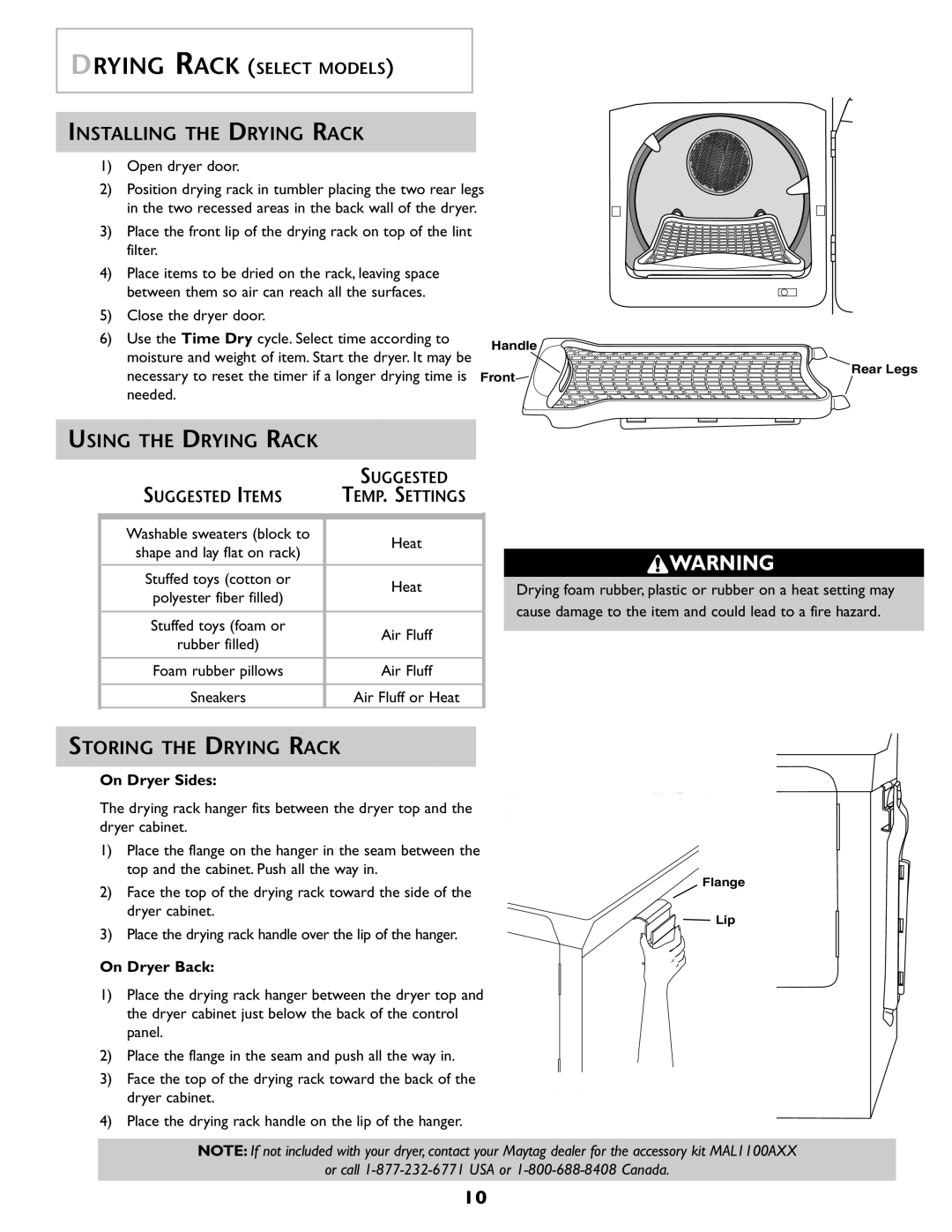 Maytag MD 68 warranty Installing the Drying Rack, Using the Drying Rack, Storing the Drying Rack 