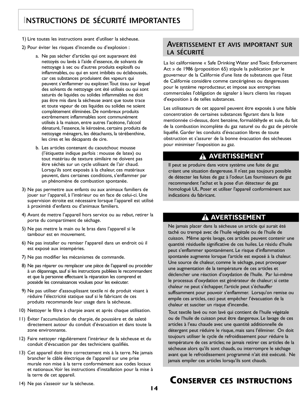 Maytag MD 68 warranty Conserver CES Instructions, Avertissement ET Avis Important SUR LA Sécurité 