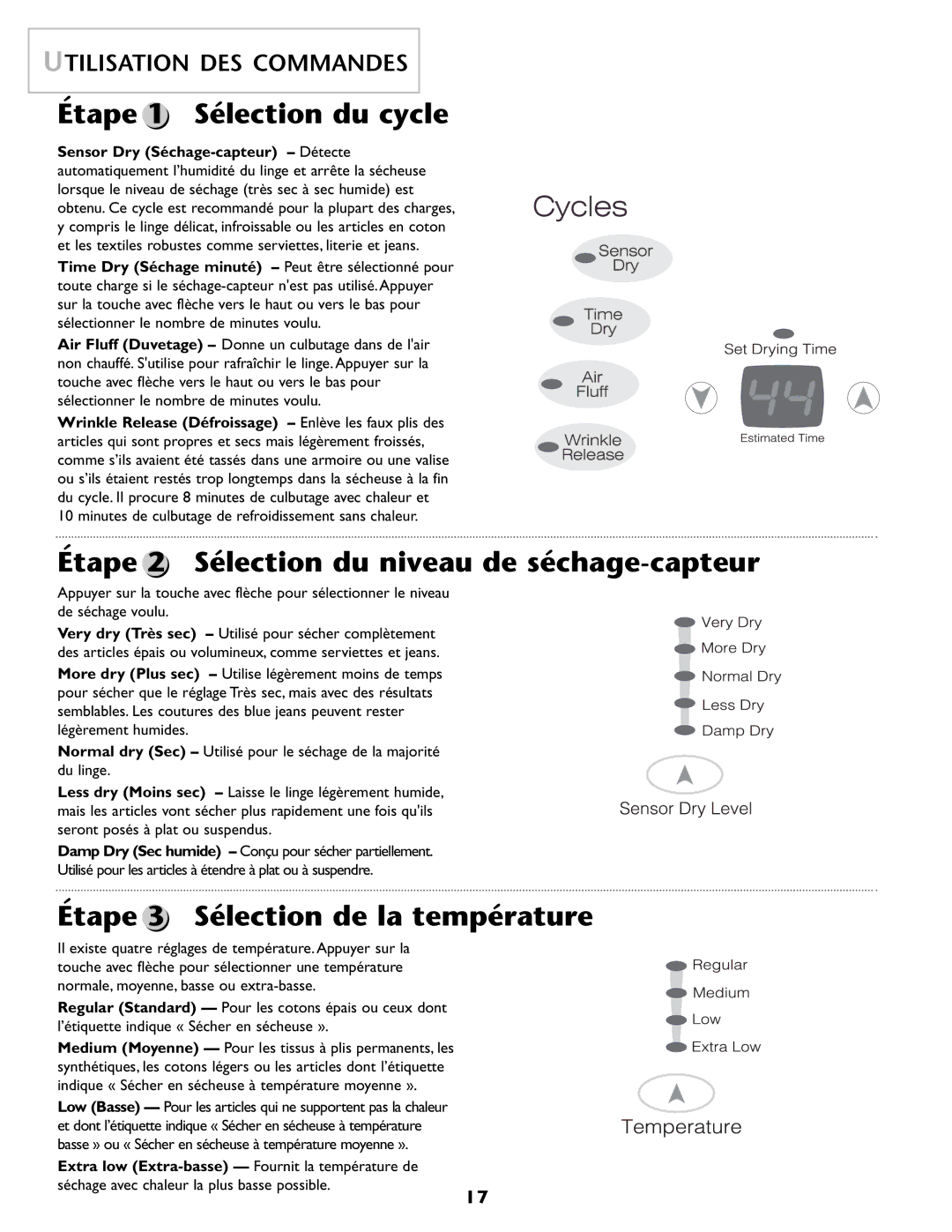 Maytag MD 68 warranty Étape 1 Sélection du cycle, Étape 2 Sélection du niveau de séchage-capteur, Utilisation DES Commandes 