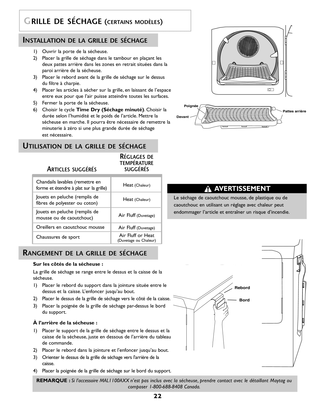 Maytag MD 68 Grille DE Séchage Certains Modèles, Installation DE LA Grille DE Séchage, Utilisation DE LA Grille DE Séchage 