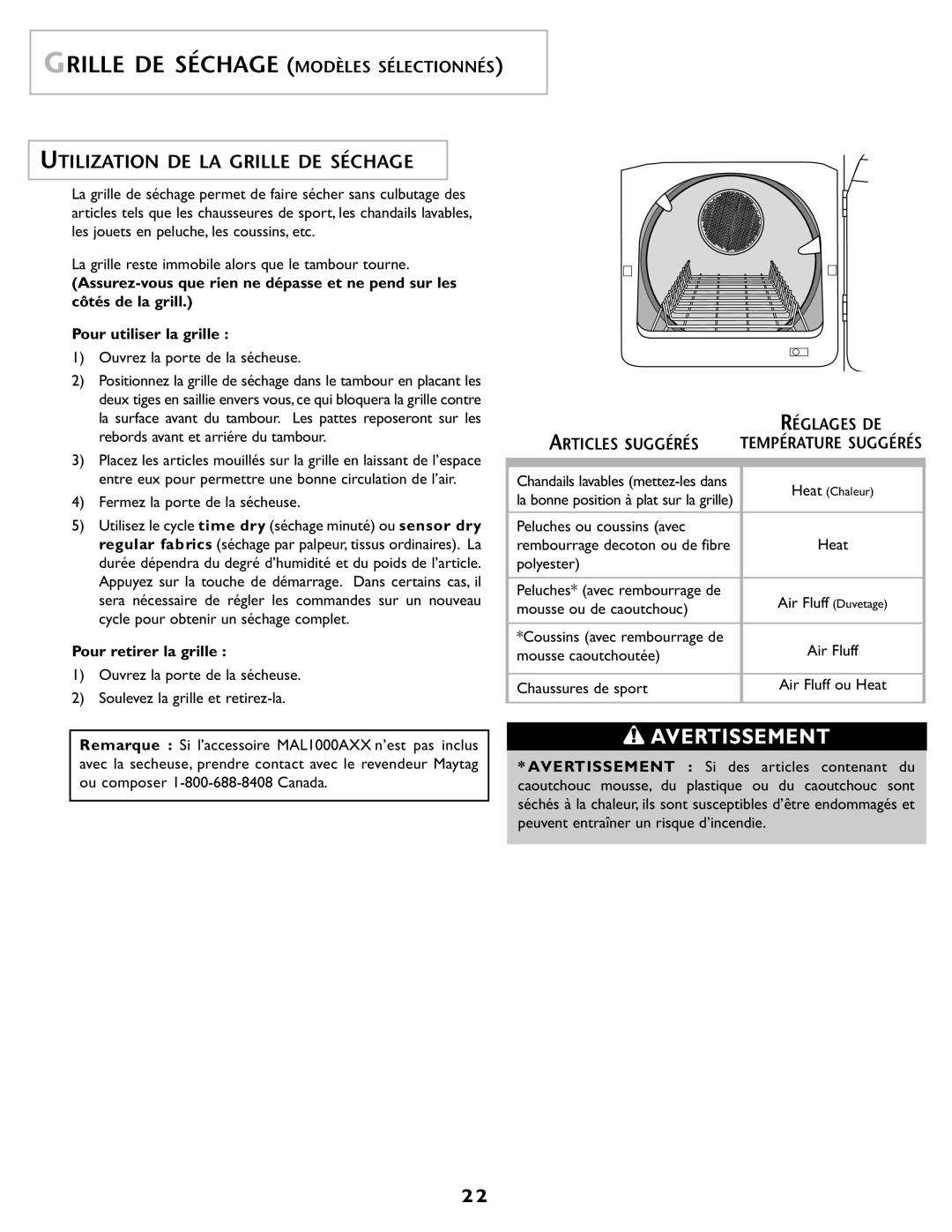 Maytag MD55 warranty Utilization DE LA Grille DE Séchage, Pour retirer la grille 