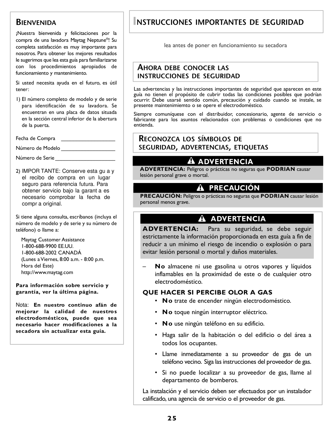 Maytag MD55 warranty Bienvenida, Ahora Debe Conocer LAS Instrucciones DE Seguridad, QUE Hacer SI Percibe Olor a GAS, Canadá 