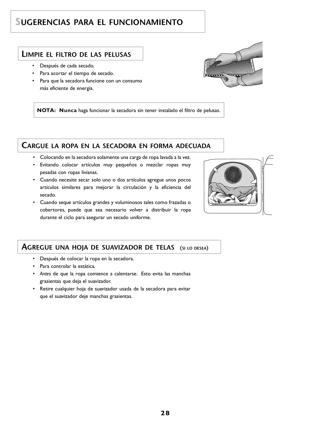 Maytag MD55 Sugerencias Para EL Funcionamiento, Limpie EL Filtro DE LAS Pelusas, Agregue UNA Hoja DE Suavizador DE Telas 