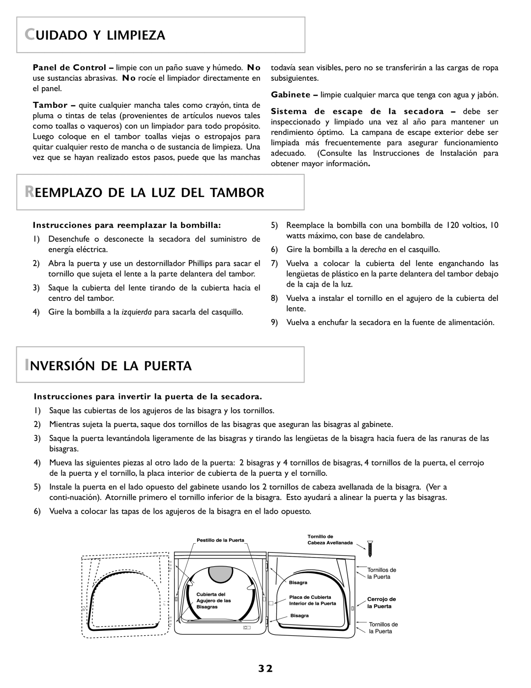 Maytag MD55 warranty Cuidado Y Limpieza, Reemplazo DE LA LUZ DEL Tambor, Inversión DE LA Puerta 