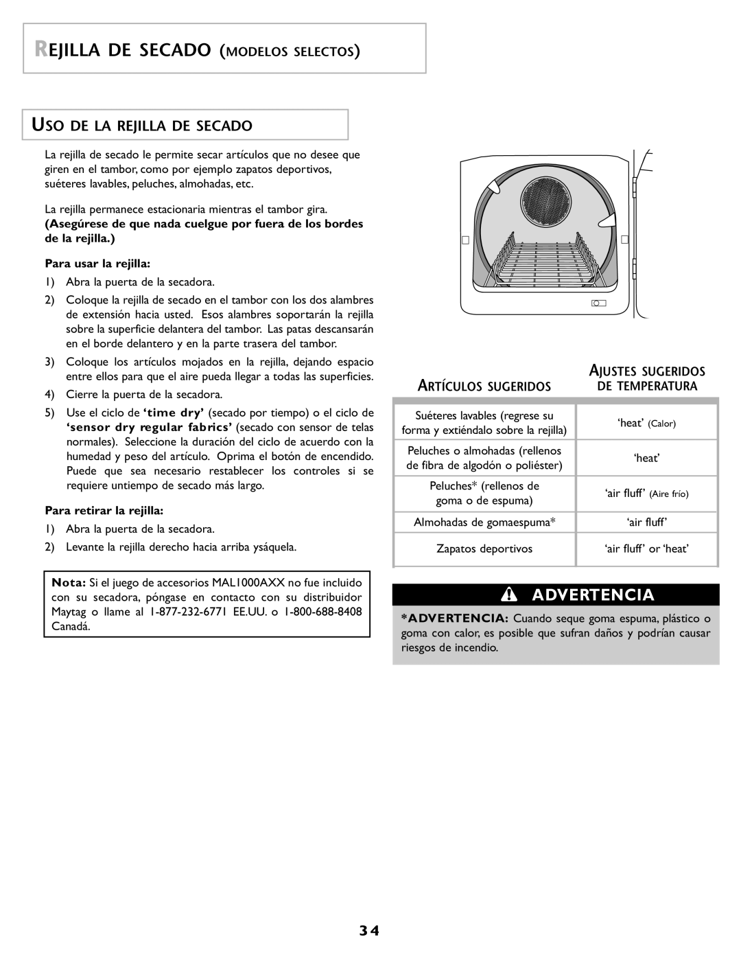 Maytag MD55 warranty Rejilla DE Secado Modelos Selectos, USO DE LA Rejilla DE Secado, Para retirar la rejilla 