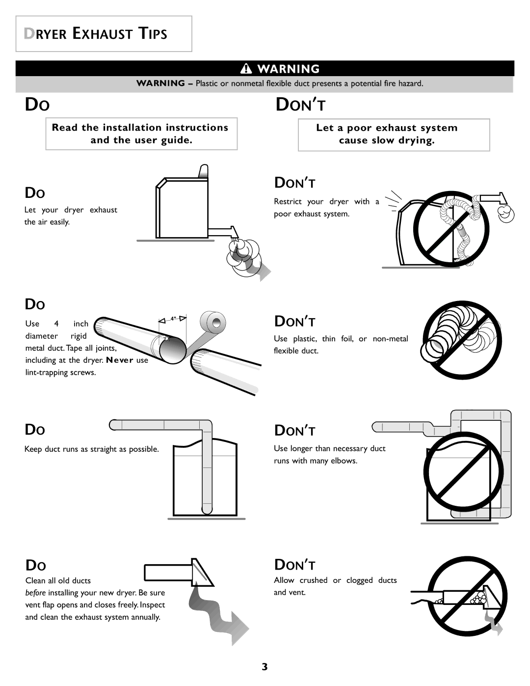 Maytag MD55 Dryer Exhaust Tips, Restrict your dryer with a poor exhaust system, Allow crushed or clogged ducts and vent 