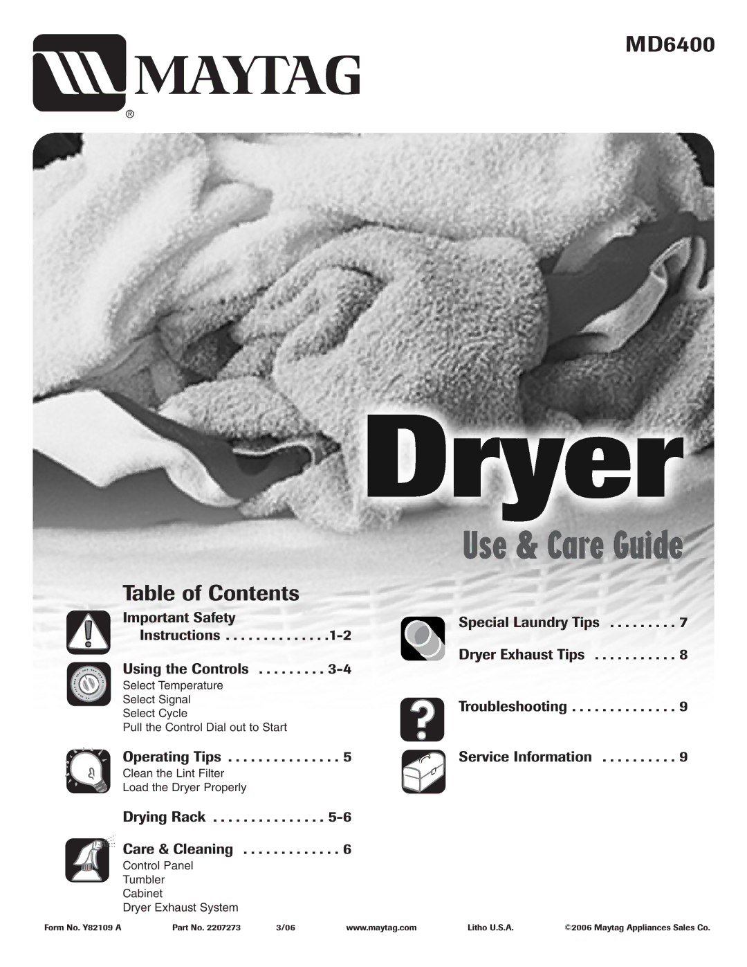 Maytag MD6400 important safety instructions Table of Contents 