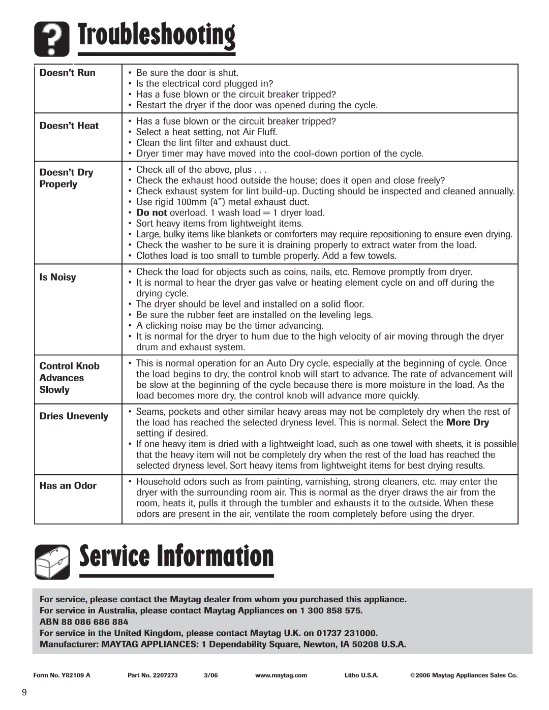 Maytag MD6400 important safety instructions Troubleshooting, Service Information 