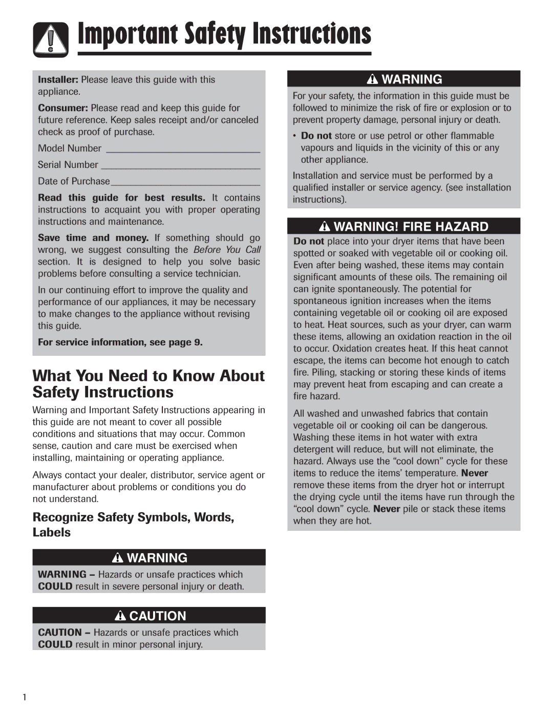 Maytag MD6400 important safety instructions Important Safety Instructions, What You Need to Know About Safety Instructions 