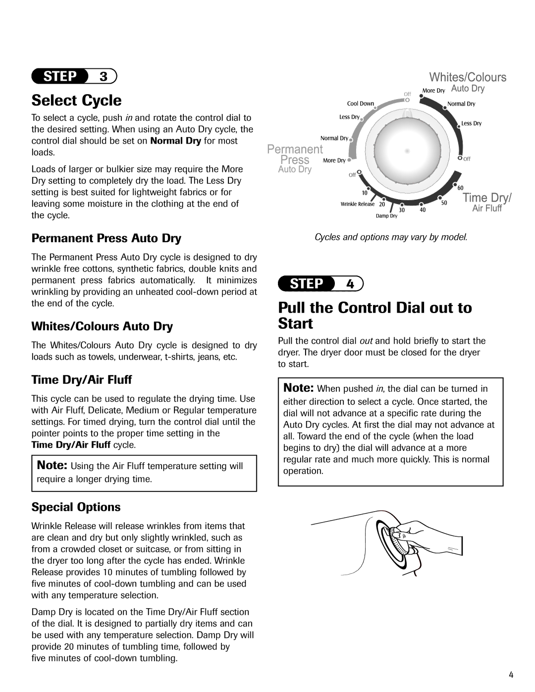 Maytag MD6400 important safety instructions Select Cycle, Pull the Control Dial out to Start 