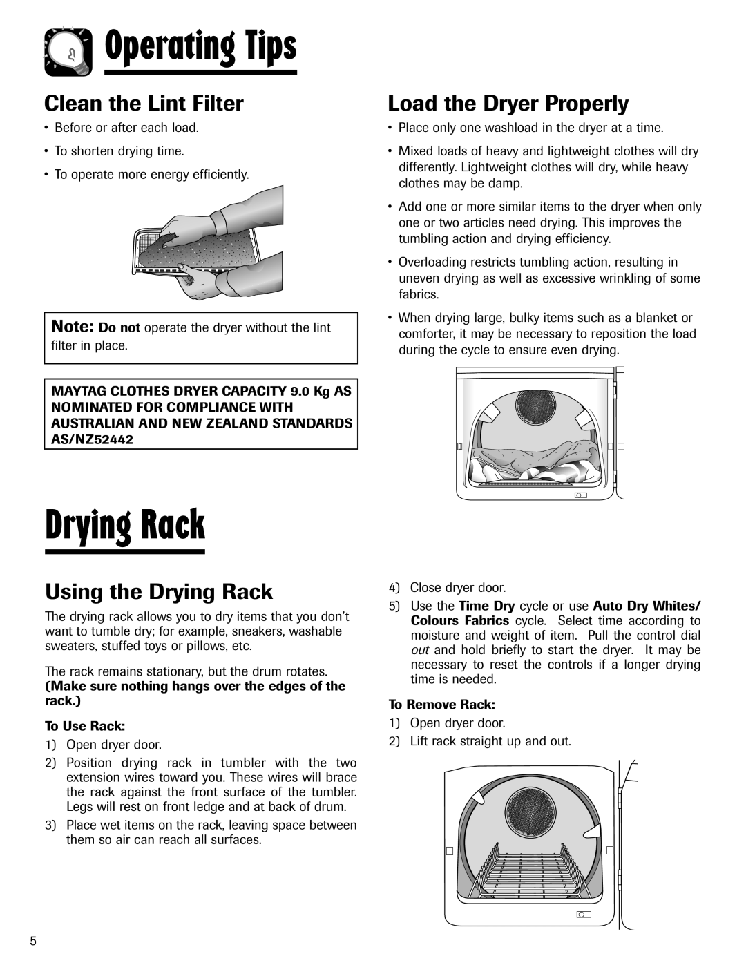 Maytag MD6400 important safety instructions Clean the Lint Filter, Load the Dryer Properly, Using the Drying Rack 