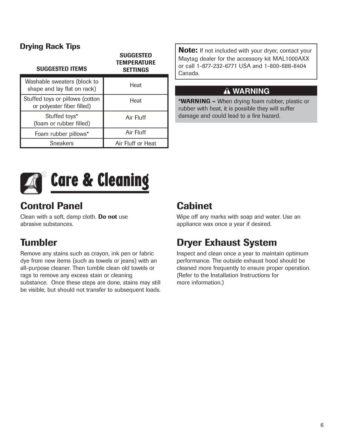 Maytag MD6400 important safety instructions Control Panel, Cabinet, Tumbler, Dryer Exhaust System, Drying Rack Tips 