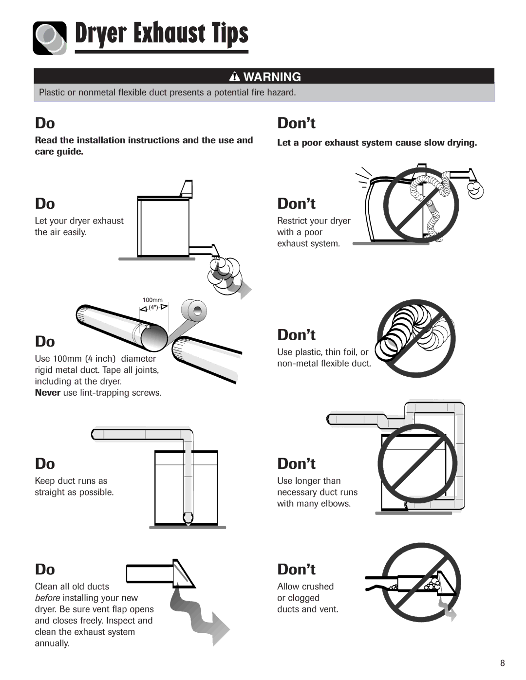 Maytag MD6400 important safety instructions Dryer Exhaust Tips, Don’t 