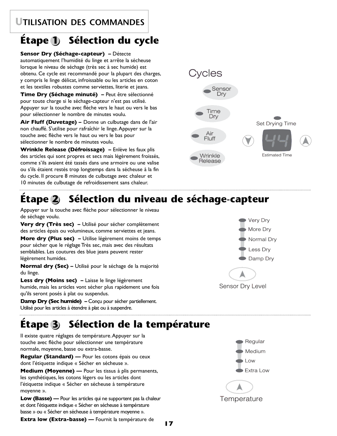 Maytag MD68 Étape 1 Sélection du cycle, Étape Sélection du niveau de séchage-capteur, Étape Sélection de la température 