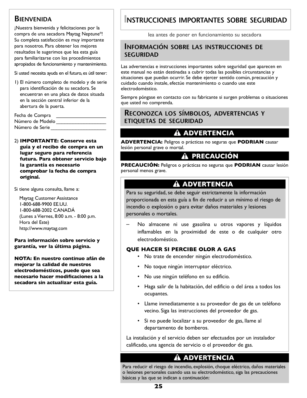 Maytag MD68 warranty Bienvenida, Información Sobre LAS Instrucciones DE Seguridad, Canadá 