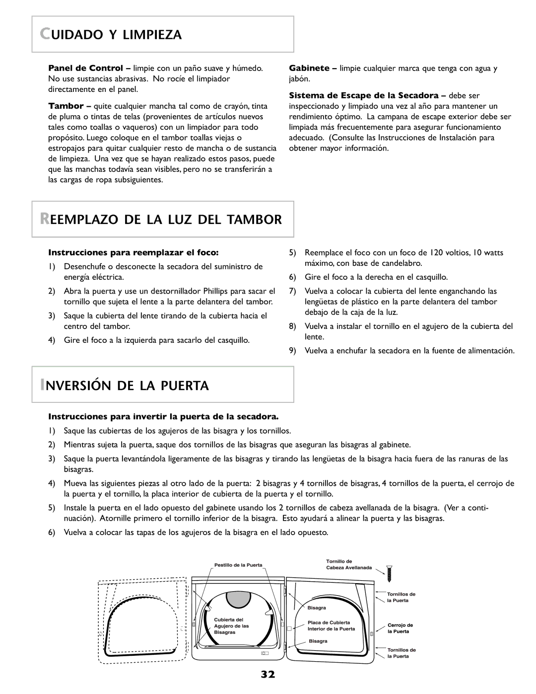 Maytag MD68 warranty Cuidado Y Limpieza, Reemplazo DE LA LUZ DEL Tambor, Inversión DE LA Puerta 