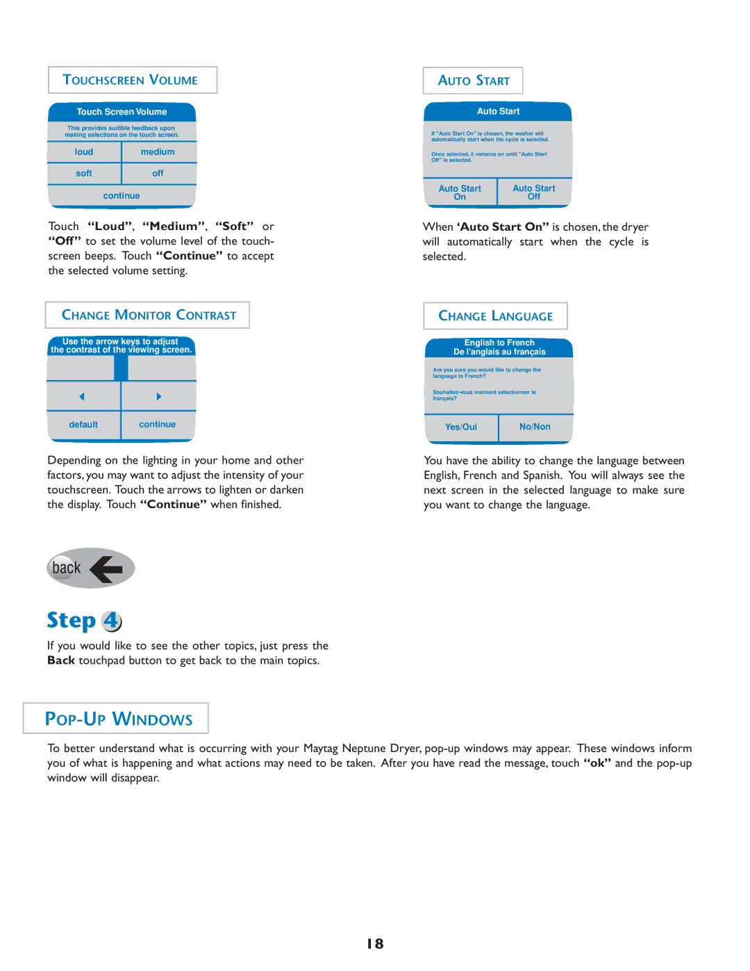 Maytag MD75 warranty POP-UP Windows, Touch Screen Volume, Auto Start 