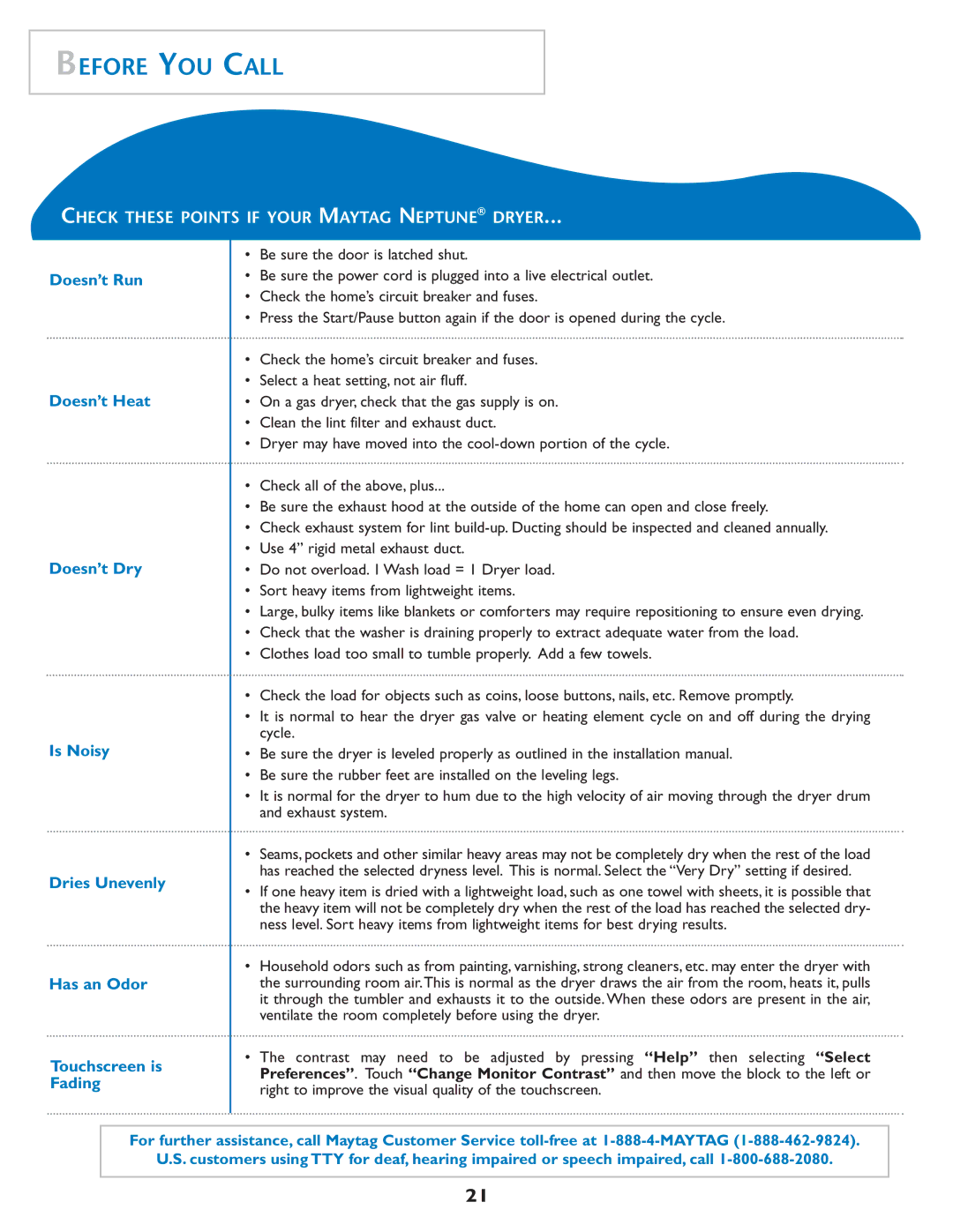 Maytag MD75 warranty Before YOU Call 