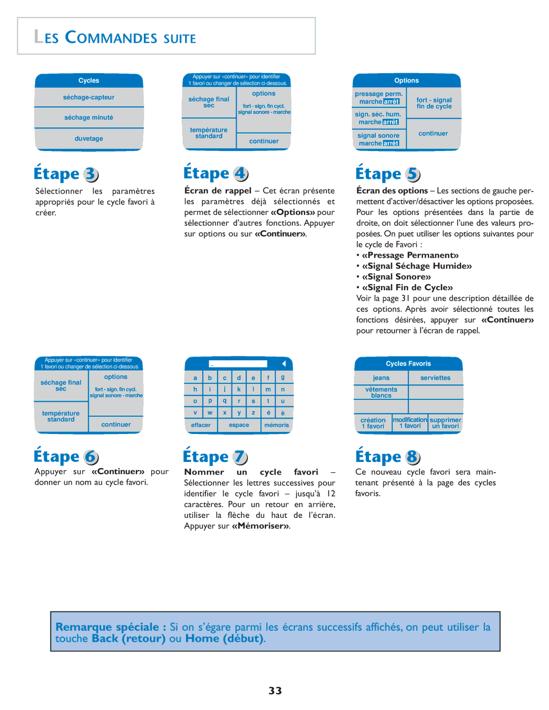 Maytag MD75 warranty Appuyer sur «Continuer» pour donner un nom au cycle favori, Séchage-capteur Séchage minuté Duvetage 