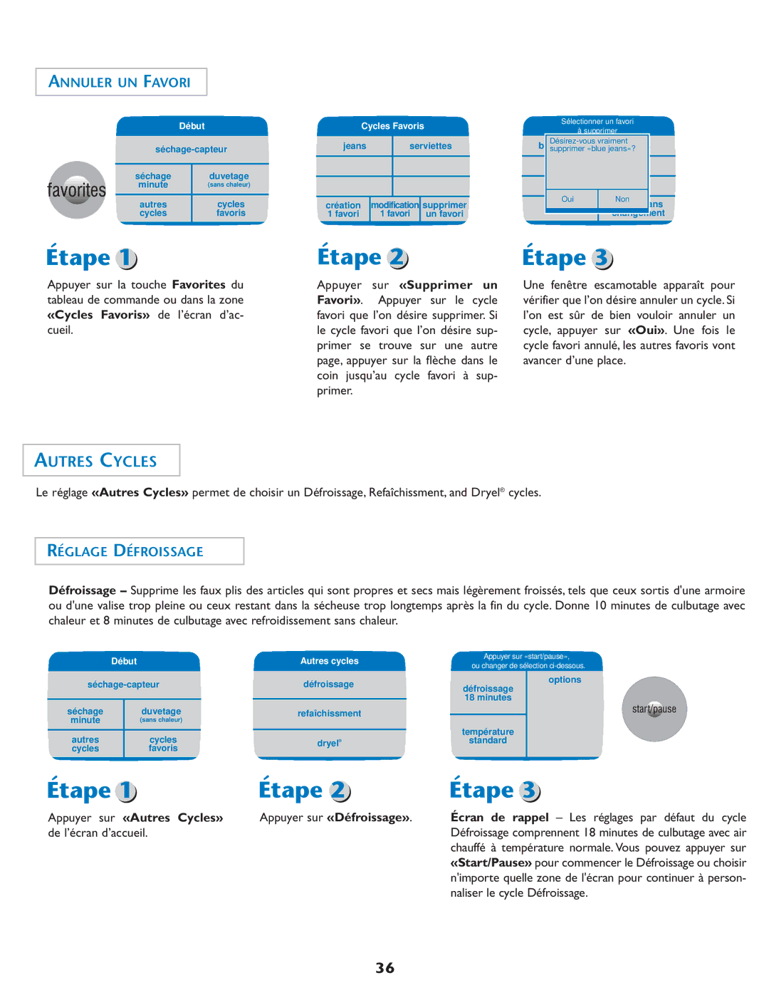 Maytag MD75 warranty Annuler UN Favori, Réglage Défroissage, Appuyer sur «Autres Cycles», Naliser le cycle Défroissage 