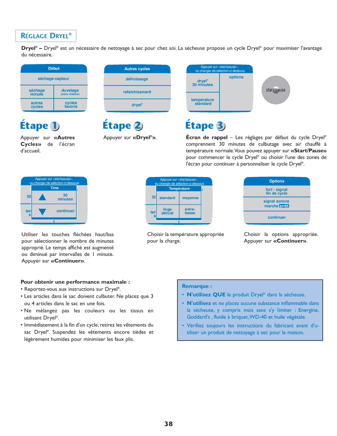 Maytag MD75 warranty Réglage Dryel, Pour obtenir une performance maximale 