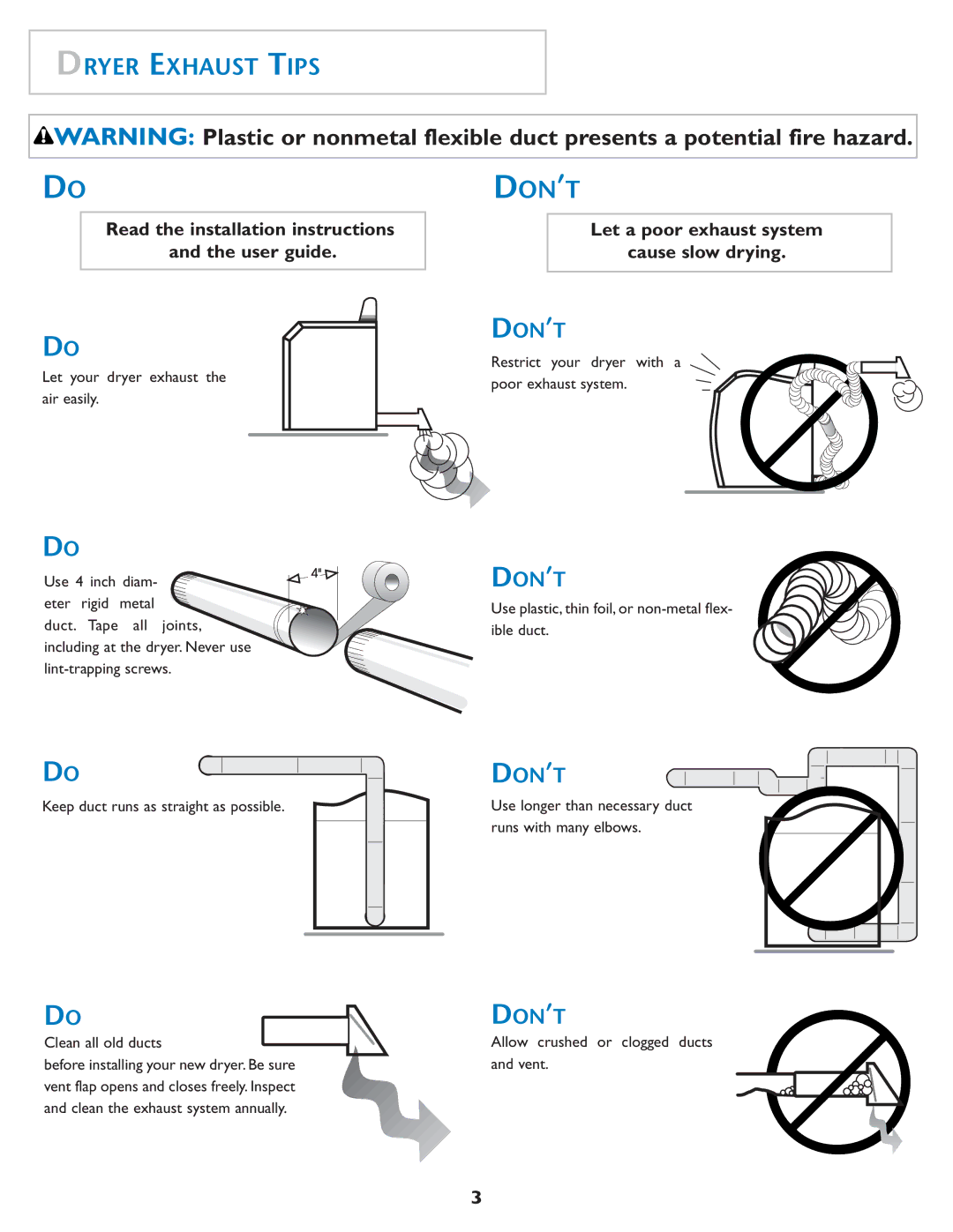 Maytag MD75 Dryer Exhaust Tips, Restrict your dryer with a poor exhaust system, Allow crushed or clogged ducts and vent 