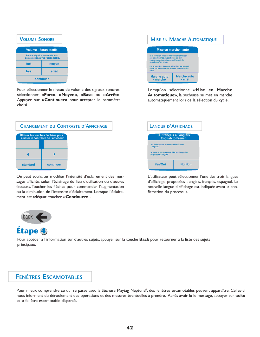 Maytag MD75 warranty Fenêtres Escamotables, Pour sélectionner le niveau de volume des signaux sonores 