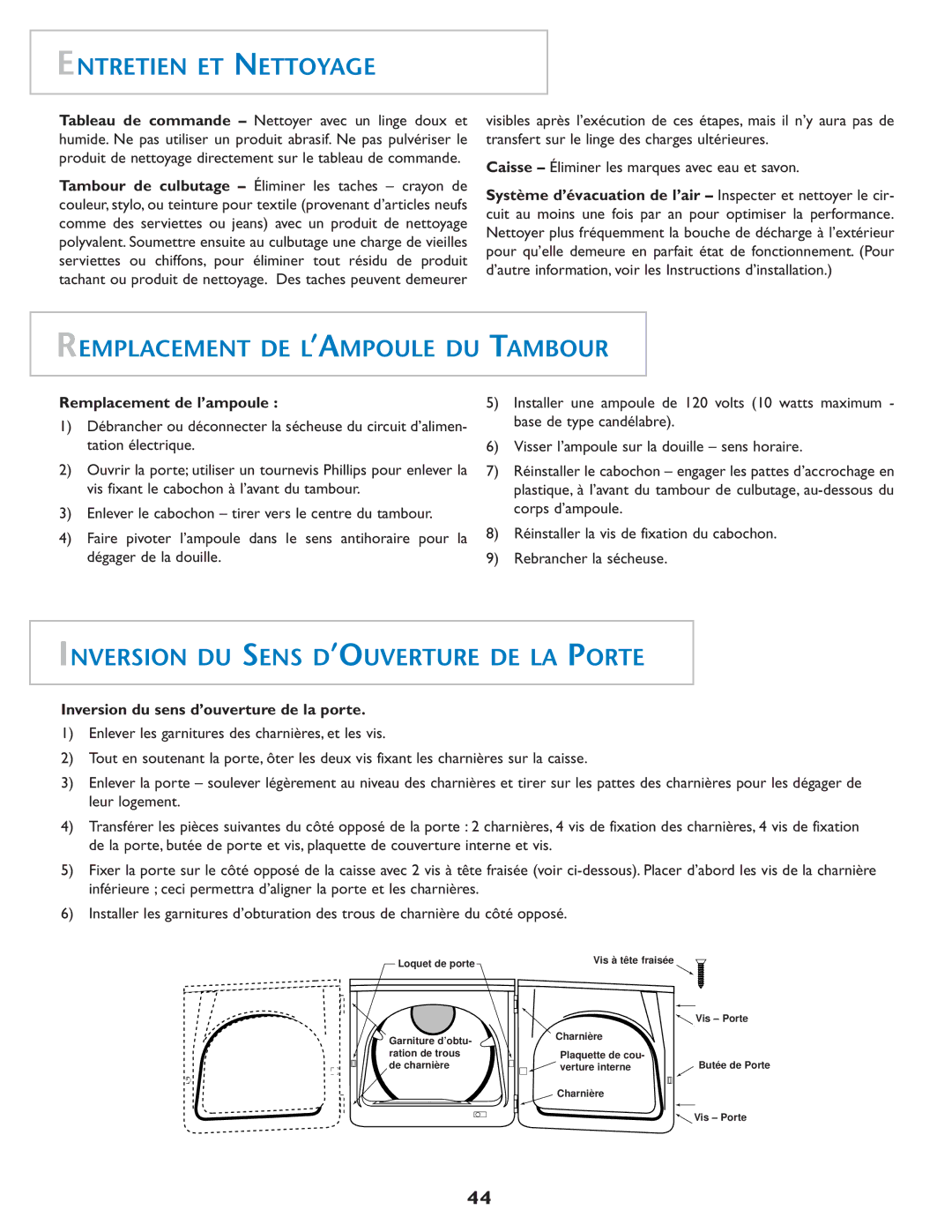 Maytag MD75 Entretien ET Nettoyage, Remplacement DE L’AMPOULE DU Tambour, Inversion DU Sens D’OUVERTURE DE LA Porte 