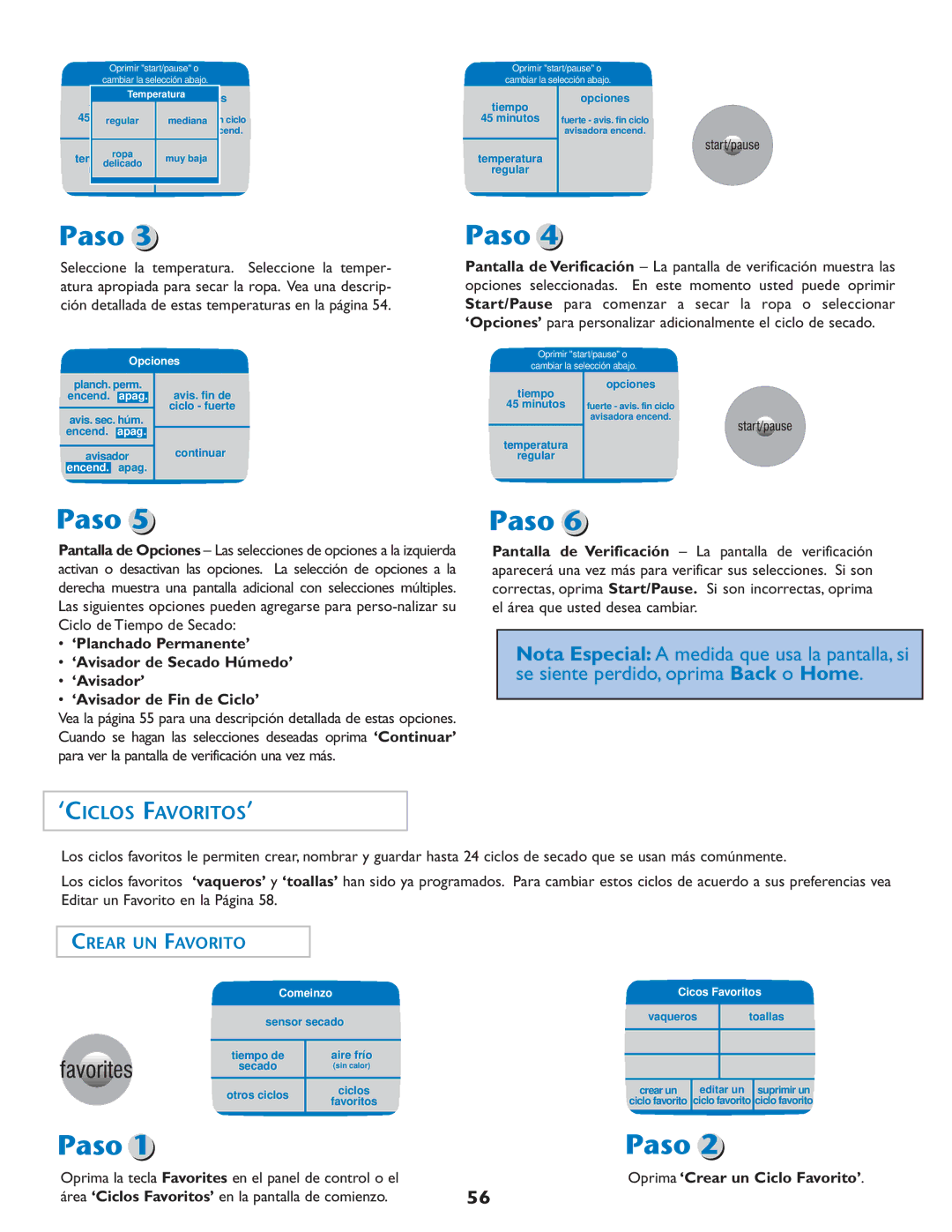 Maytag MD75 warranty ‘Ciclos Favoritos’, Crear UN Favorito, Oprima la tecla Favorites en el panel de control o el 