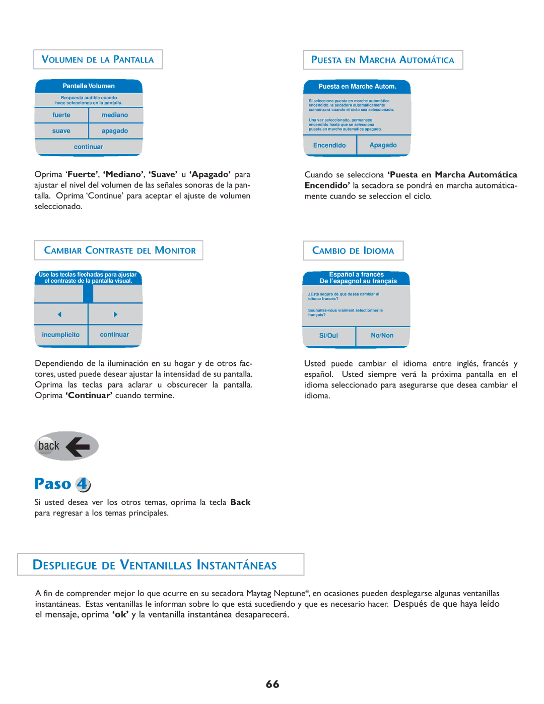 Maytag MD75 warranty Despliegue DE Ventanillas Instantáneas, Pantalla Volumen, Puesta en Marche Autom 