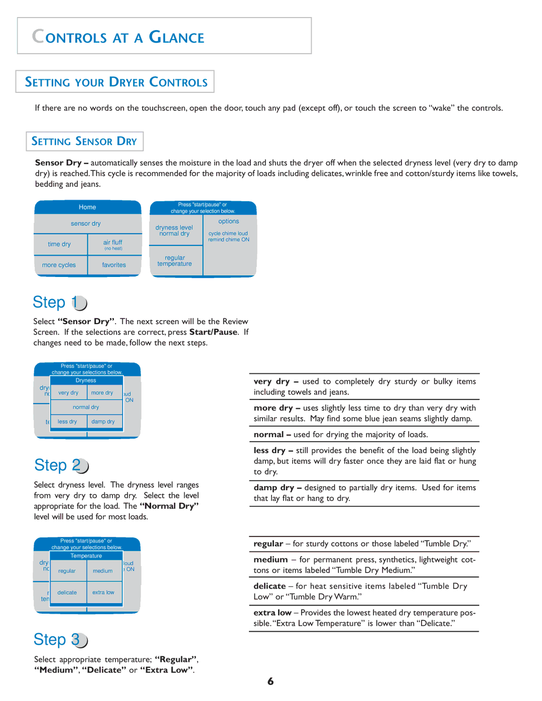 Maytag MD75 Controls AT a Glance, Setting Your Dryer Controls, Setting Sensor DRY, Select appropriate temperature Regular 