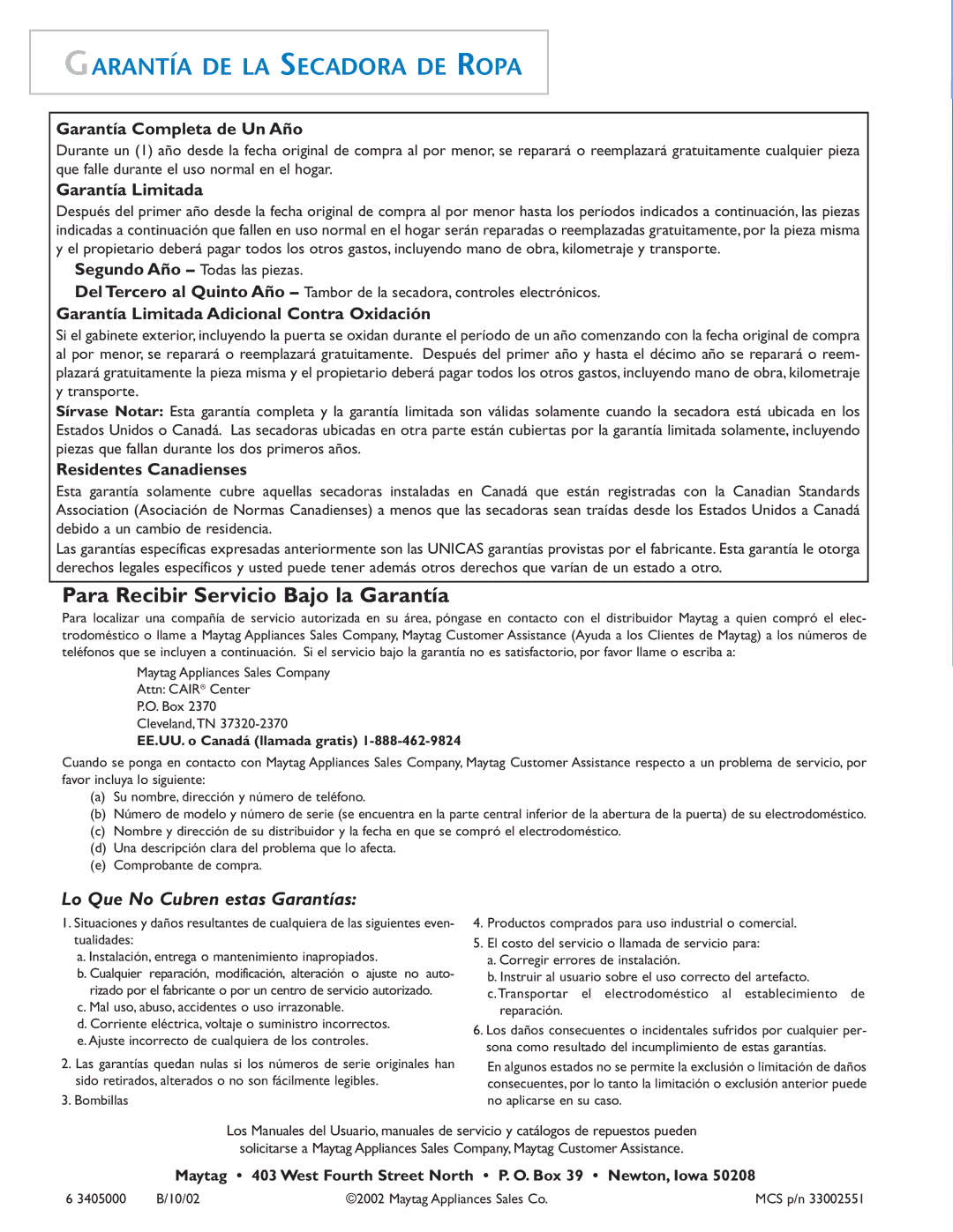 Maytag MD75 warranty Garantía DE LA Secadora DE Ropa, Garantía Completa de Un Año 