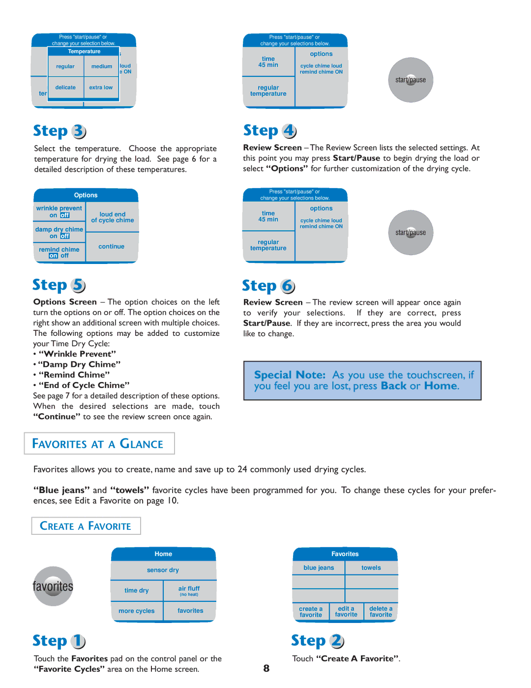 Maytag MD75 warranty Favorites AT a Glance, Touch Create a Favorite 