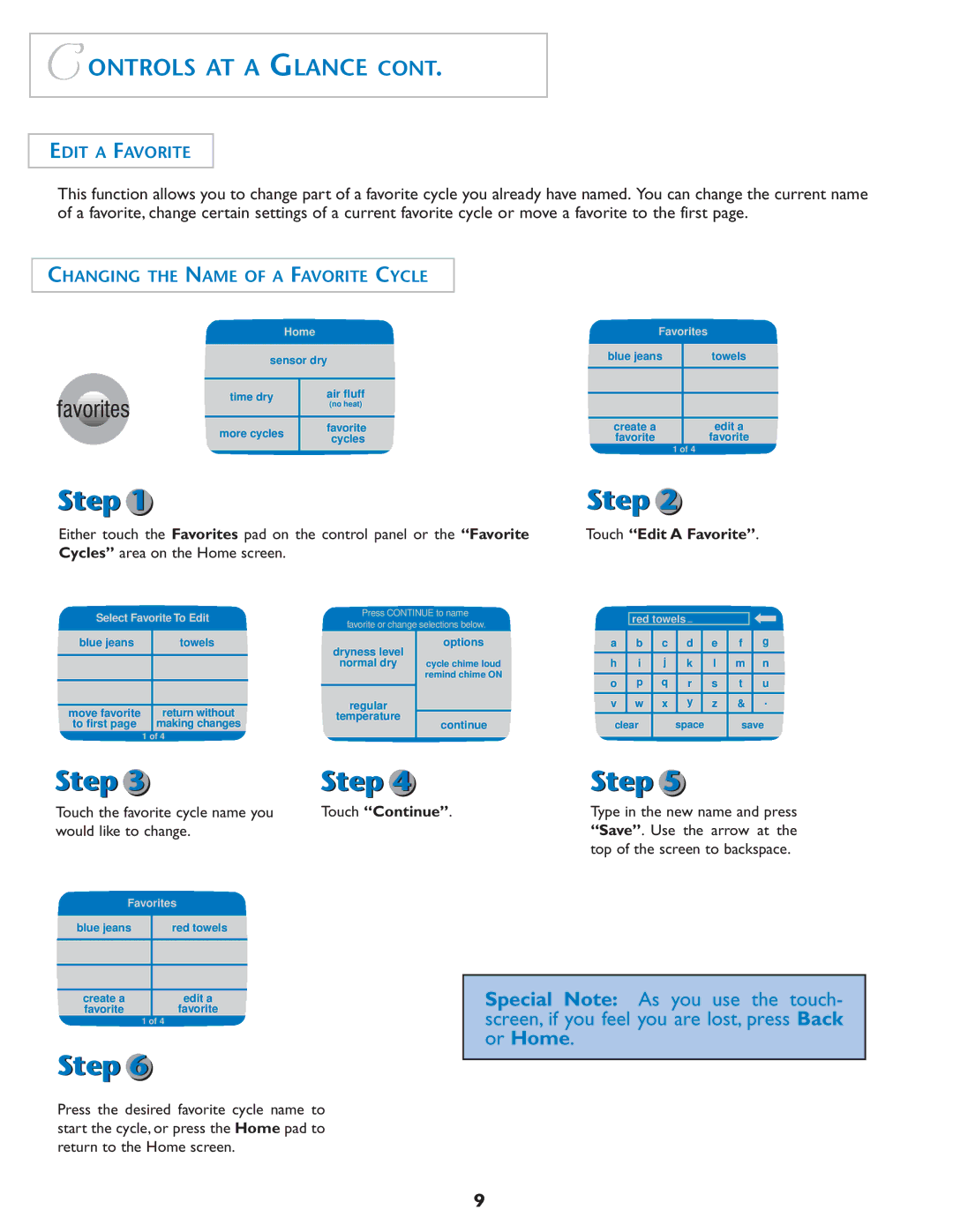 Maytag MD7500 warranty Changing the Name of a Favorite Cycle, Touch Edit a Favorite, Select Favorite To Edit 